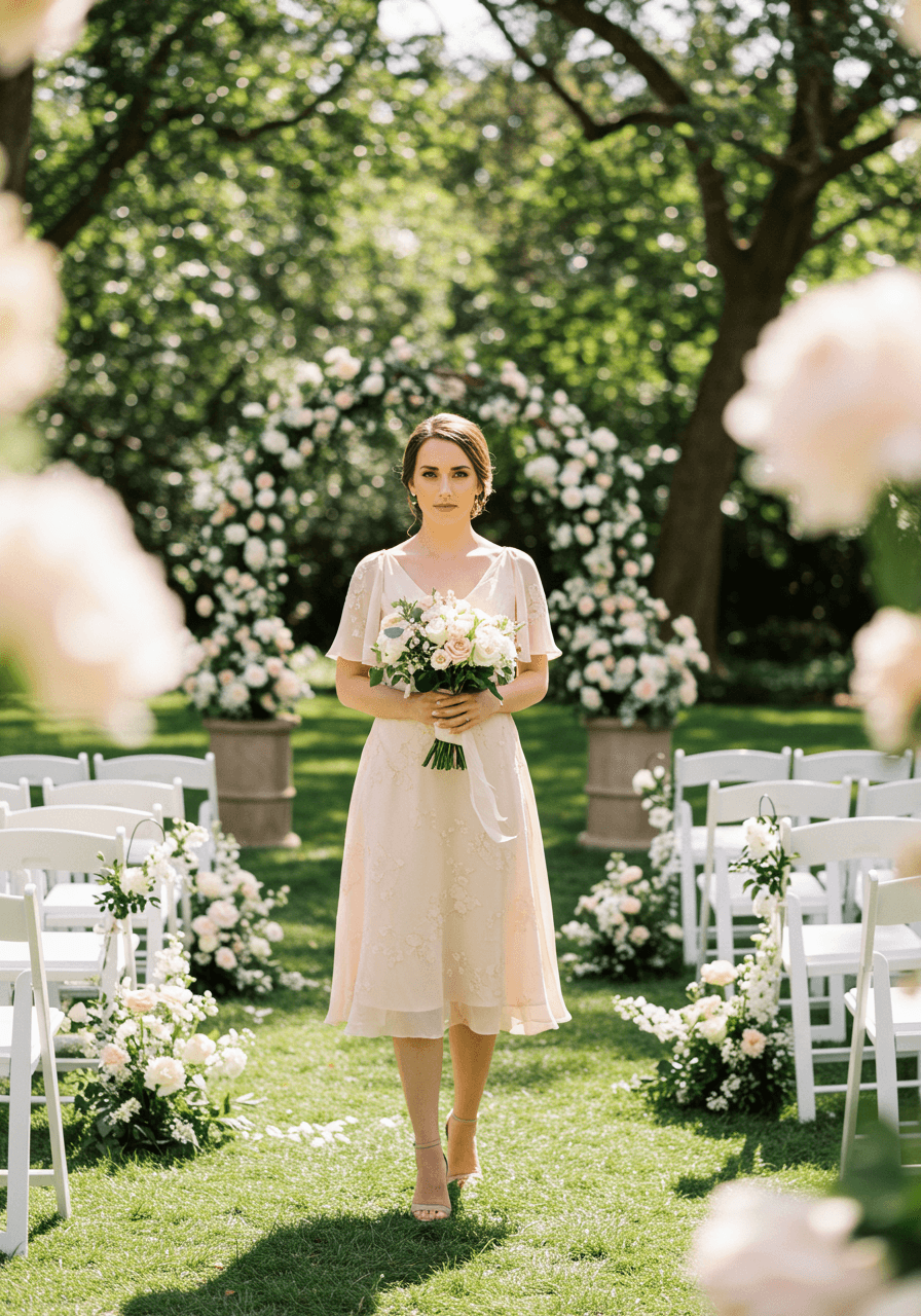 Woman in flowing blush pink chiffon midi dress with floral patterns at outdoor garden ceremony during golden hour