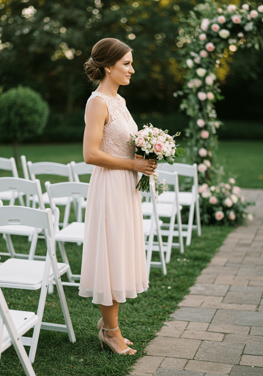 Elegant wedding guest in blush pink sleeveless midi dress with delicate lace detailing beside white garden chairs at outdoor ceremony