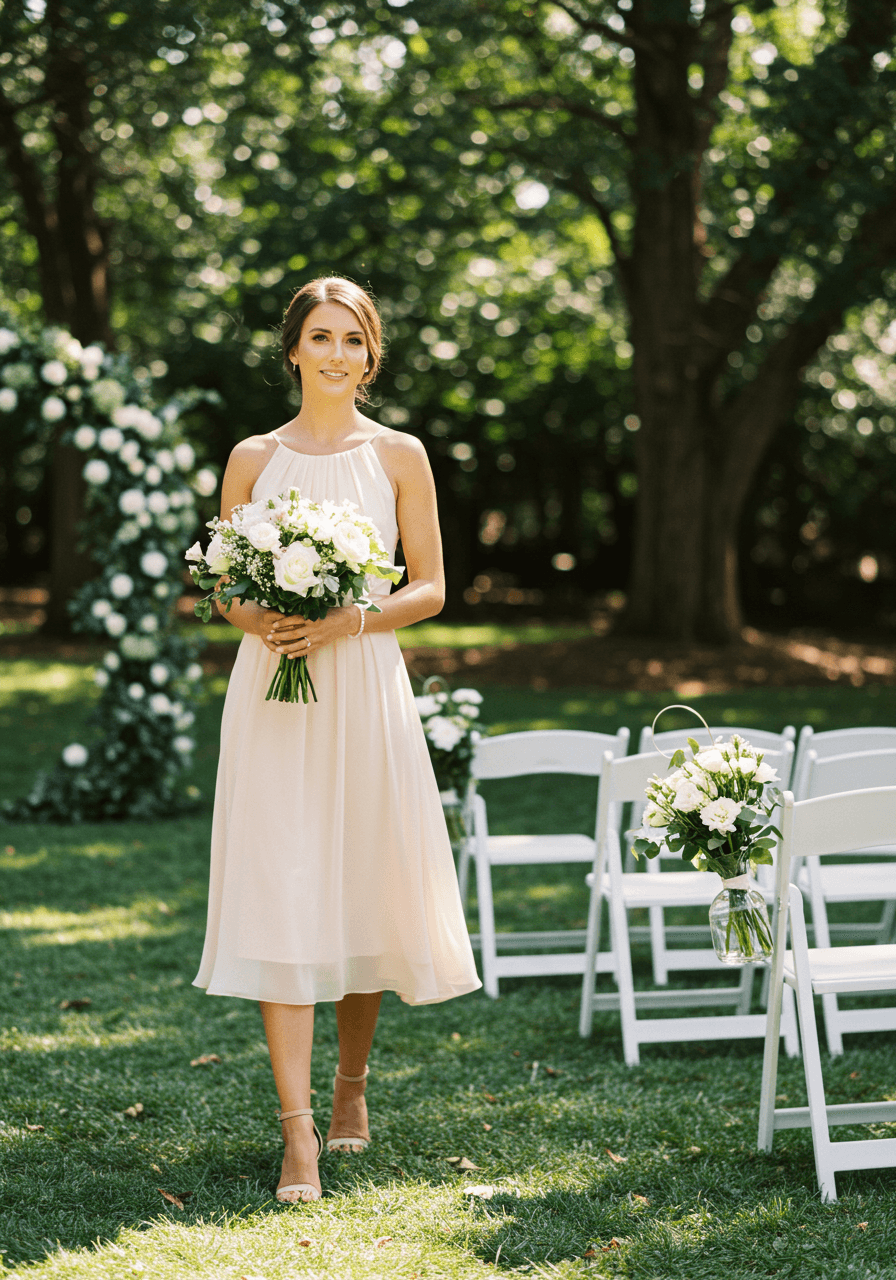 Wedding guest wearing flowing blush pink sleeveless midi dress in outdoor garden ceremony area with white chairs during golden hour