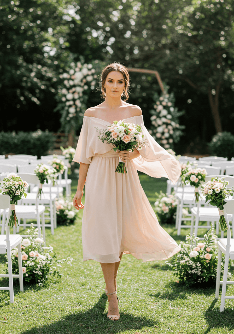 Woman wearing elegant blush pink off-shoulder midi dress with flowing sleeves at outdoor garden wedding ceremony during golden hour