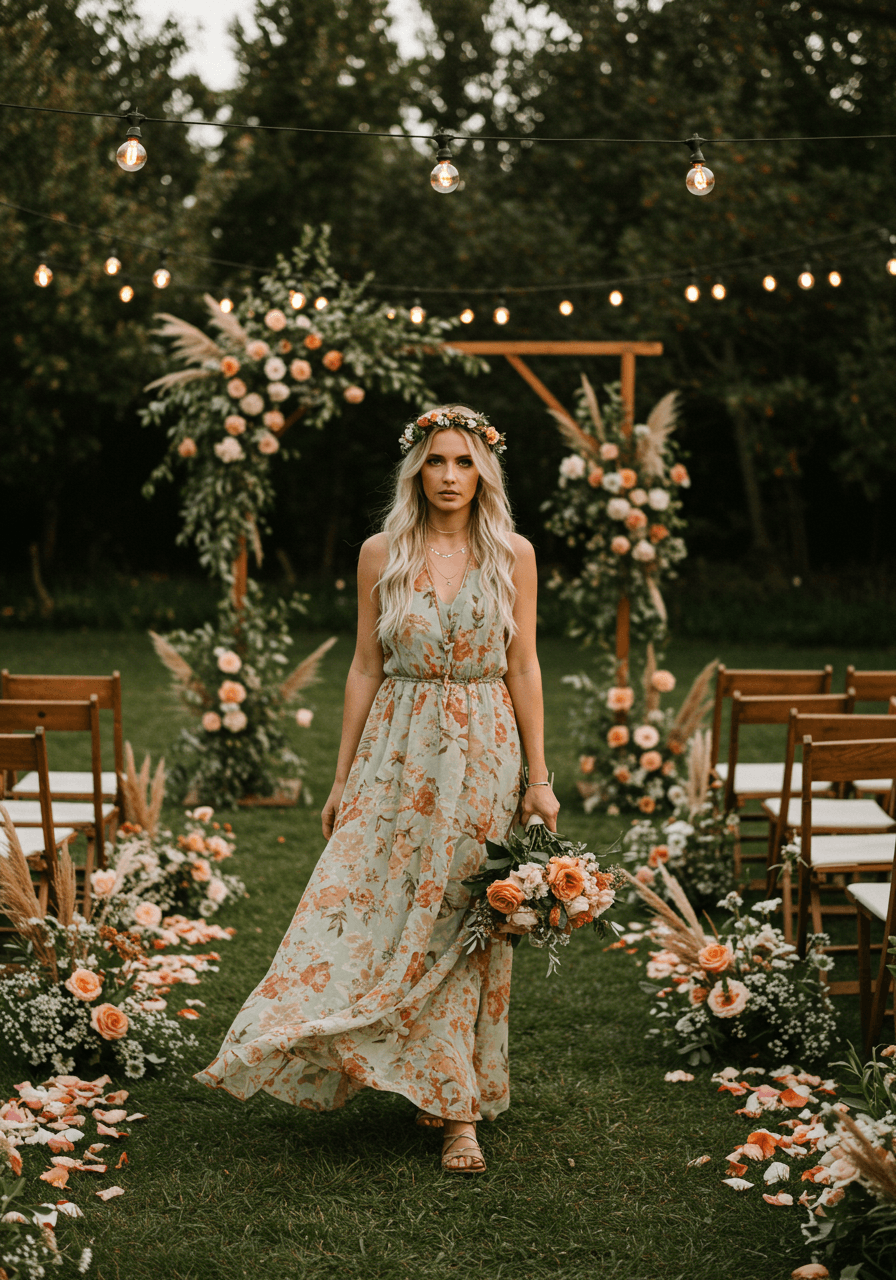 Female wedding guest in flowing bohemian floral maxi dress with layered jewellery and strappy sandals in garden ceremony setting with wildflowers during golden hour