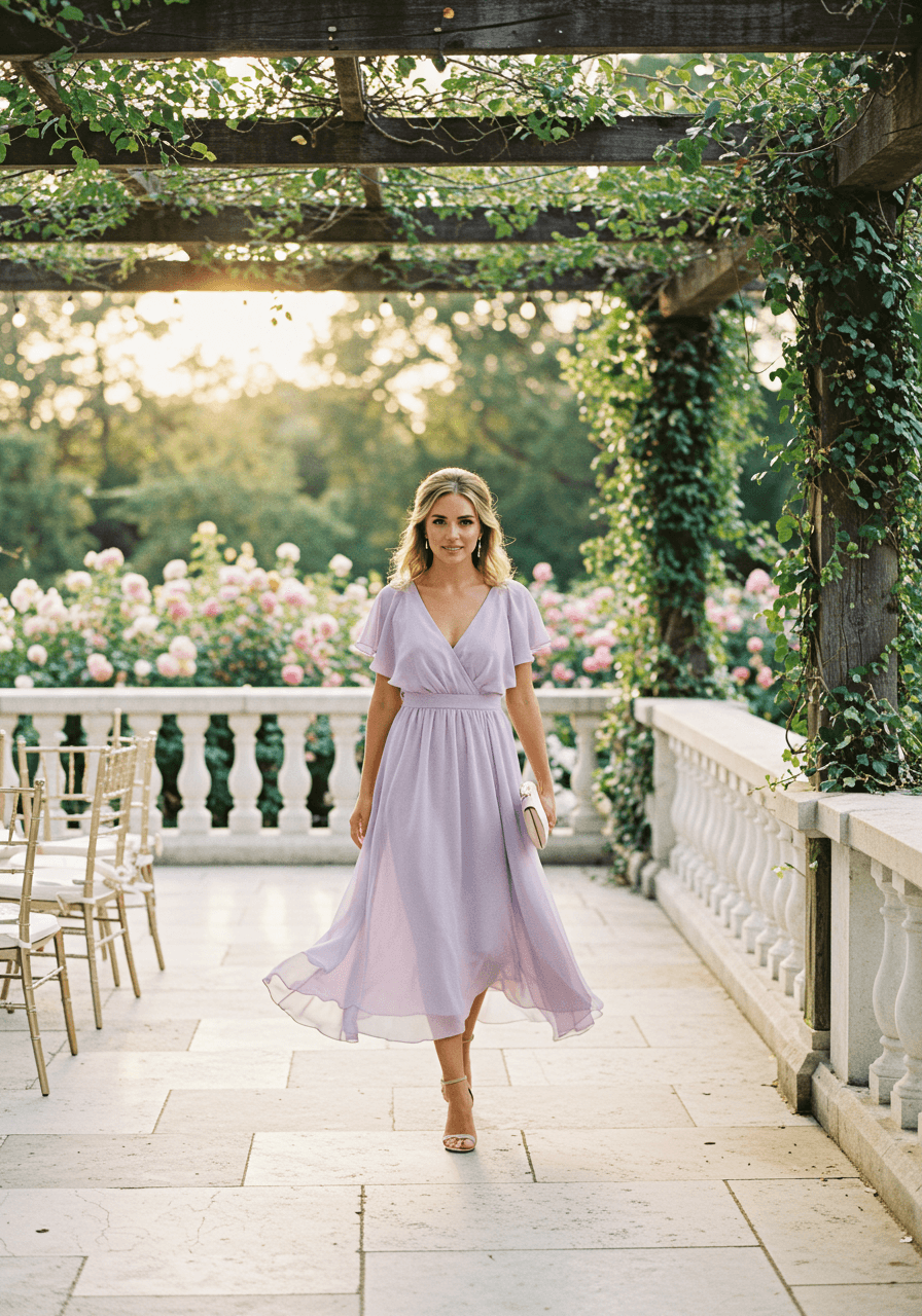 Wedding guest in lavender dress walking along garden terrace with white stone flooring and trailing ivy