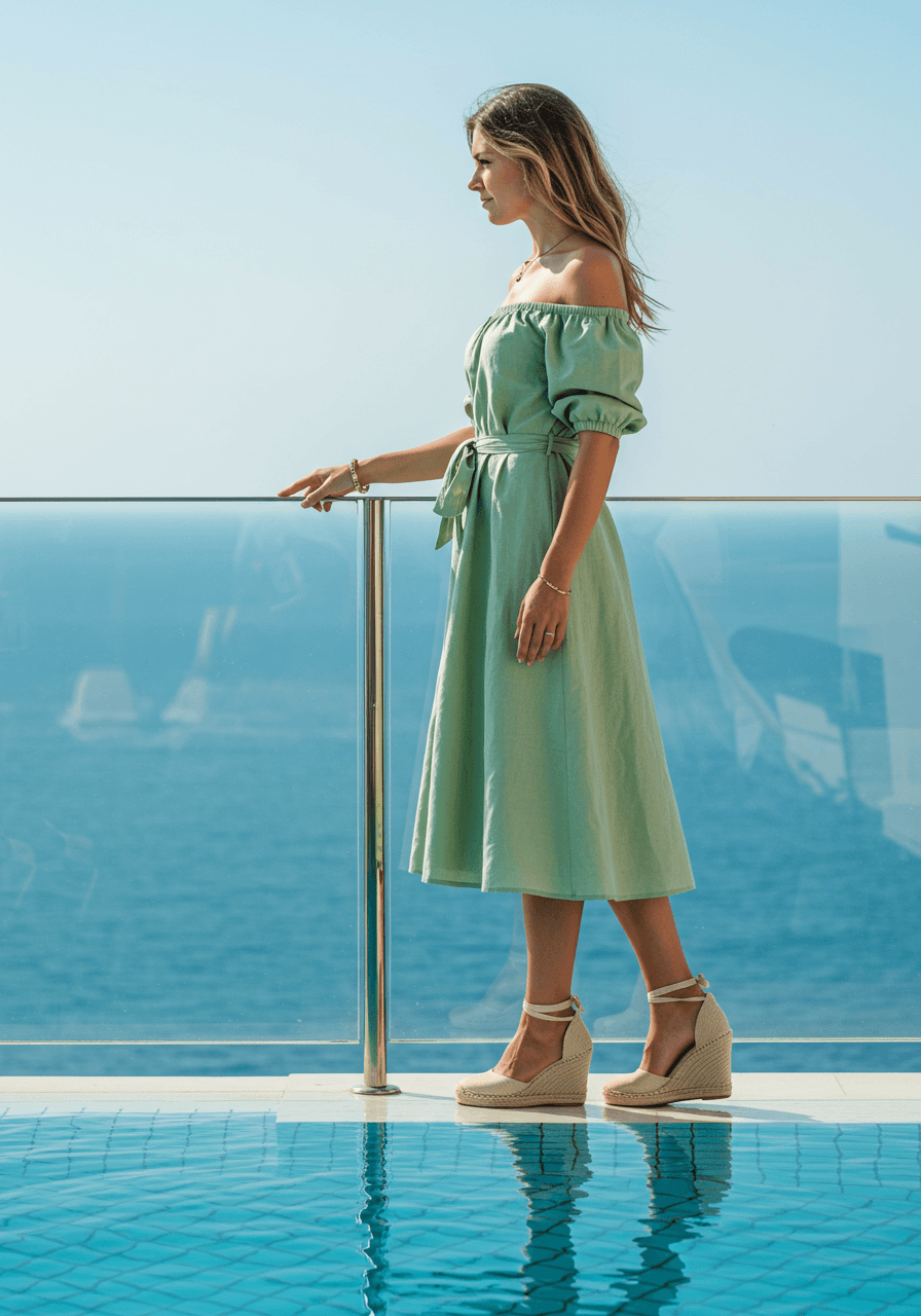 Wedding guest in sage linen off-shoulder dress touching pool railing with azure ocean horizon behind
