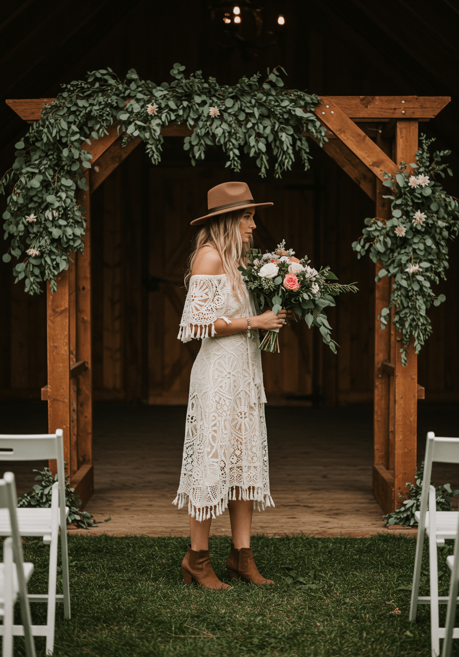 Female wedding guest in off-shoulder bohemian midi dress with crochet details and fringe accents walking through rustic outdoor venue with wooden archways
