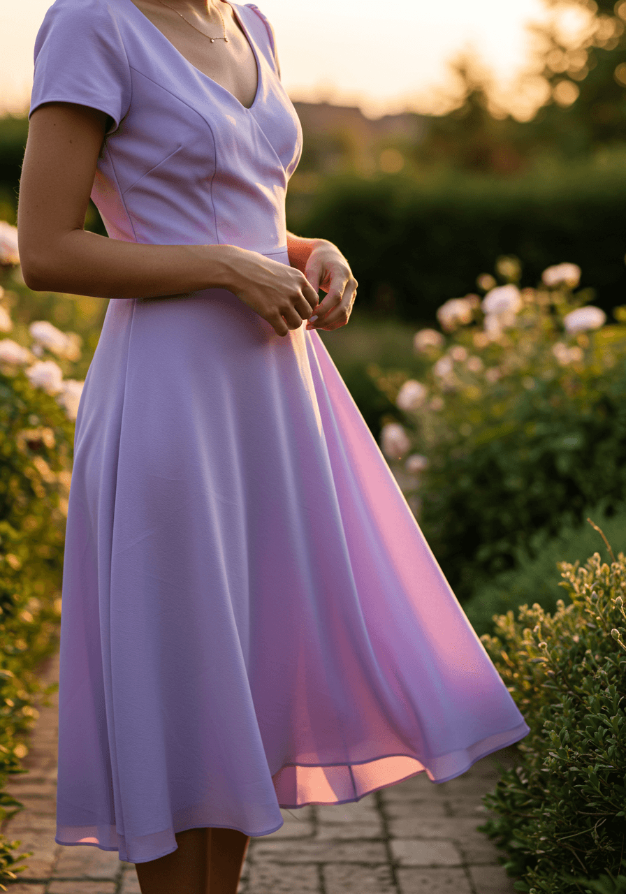 Close-up of woman touching soft lavender fabric of midi dress with cream garden roses behind