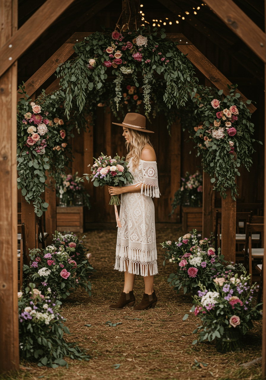Woman in crochet bohemian dress with wide-brimmed hat admiring hanging eucalyptus at rustic wedding venue during late afternoon