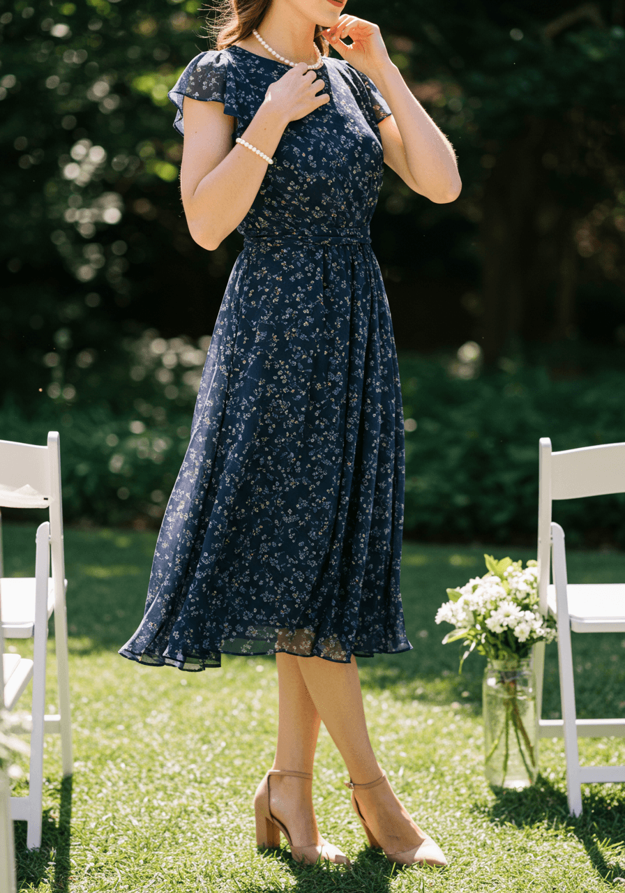 Close-up of woman adjusting delicate pearl necklace while wearing navy floral midi dress at garden wedding