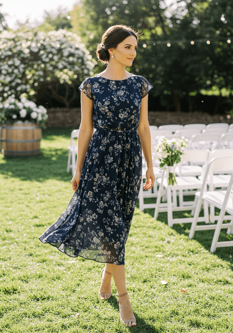 Stylish woman in navy blue midi dress with cap sleeves and cinched waist in sun-dappled garden ceremony space during golden hour