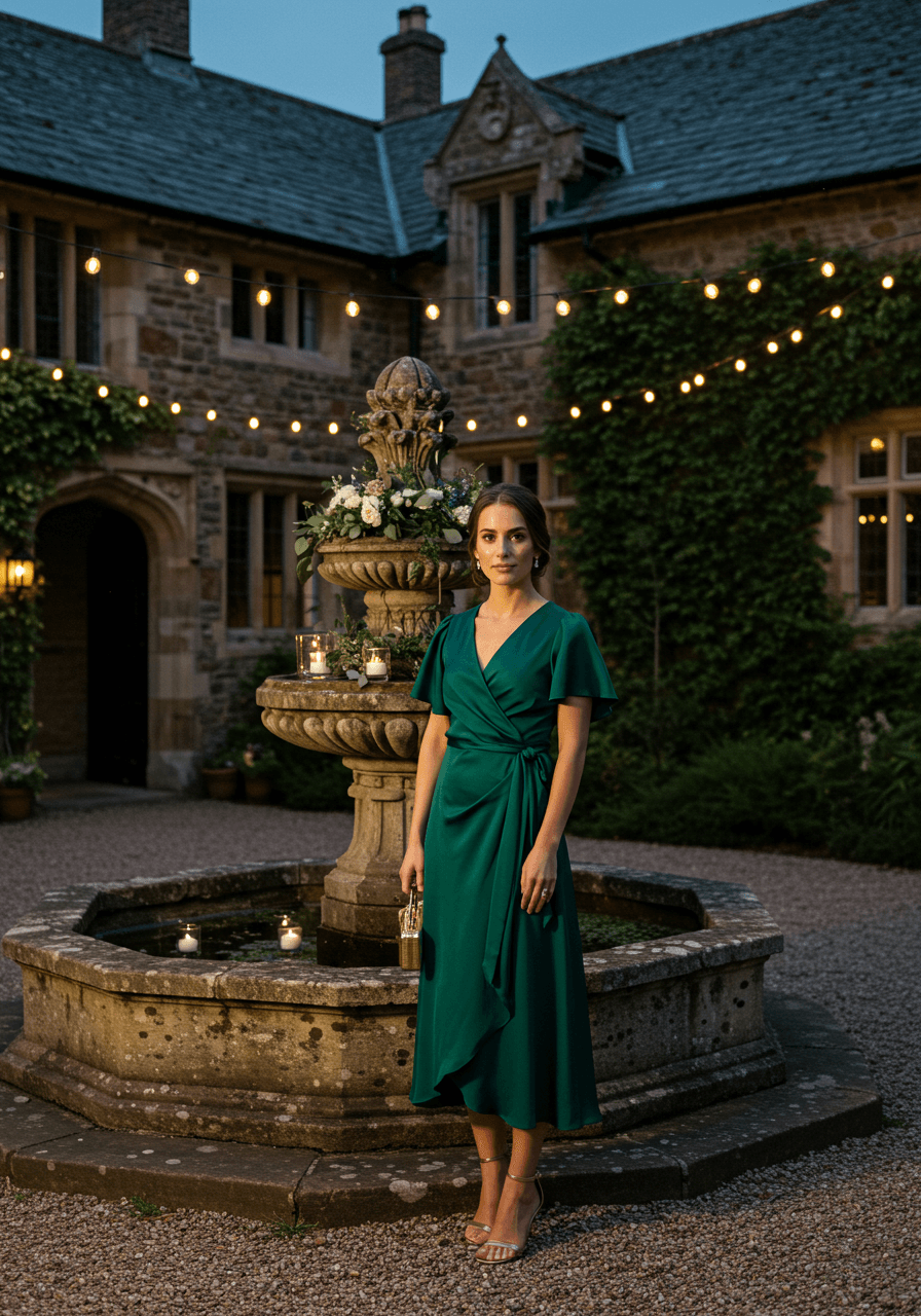 Wedding guest in emerald green silk wrap dress with flutter sleeves posed near vintage stone fountain at twilight
