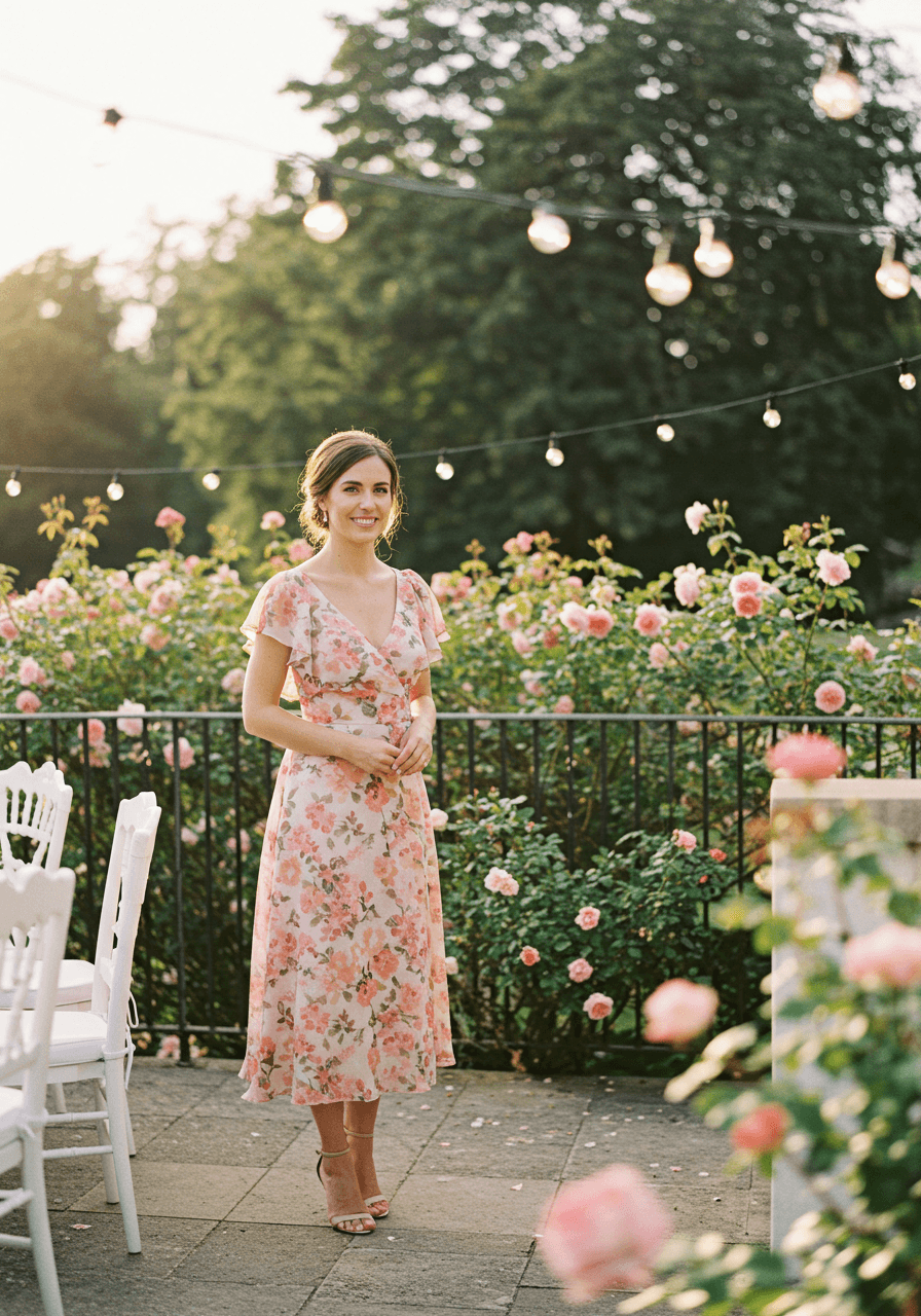 Wedding guest in pastel floral cocktail-length dress with flutter sleeves on sunlit garden terrace overlooking blooming roses during golden hour