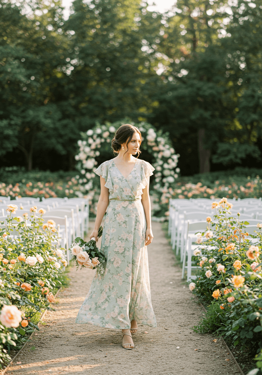 Woman in sage green and blush pink floral maxi dress with flutter sleeves among cream garden roses at outdoor ceremony during golden hour