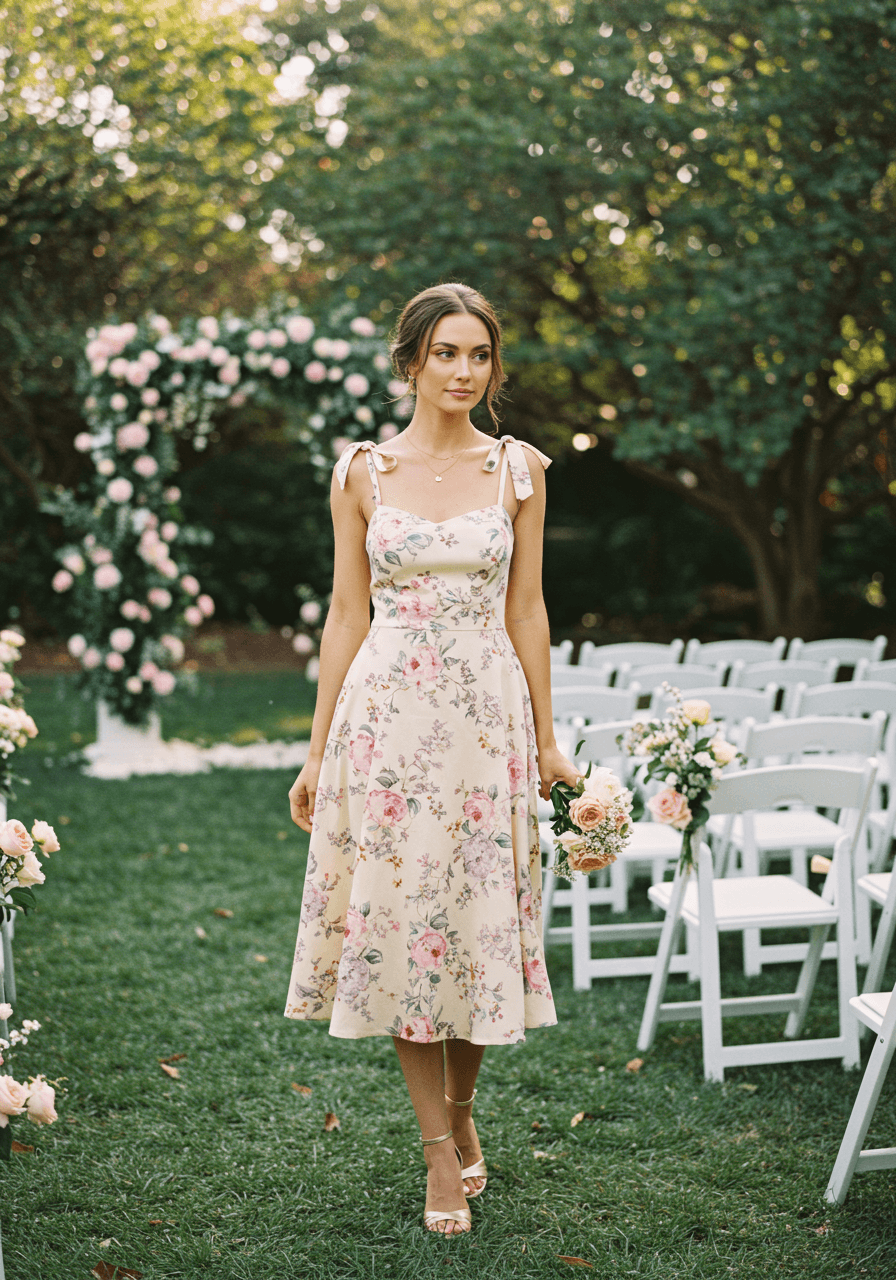 Woman in flowy pastel pink and lavender floral sundress with thin straps and fitted bodice in lush garden ceremony space during golden hour