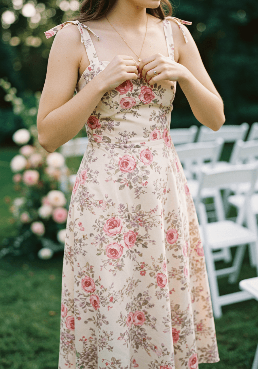 Close-up portrait of wedding guest adjusting delicate gold jewellery while wearing pastel floral sundress at garden ceremony