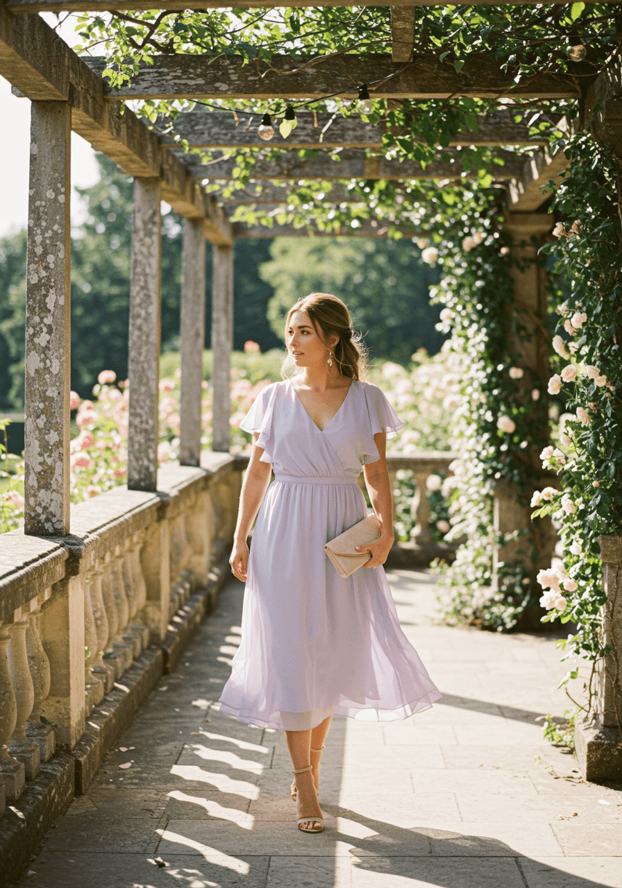 Woman in flowing lavender chiffon midi dress with flutter sleeves on sunlit garden terrace overlooking flower beds during golden hour
