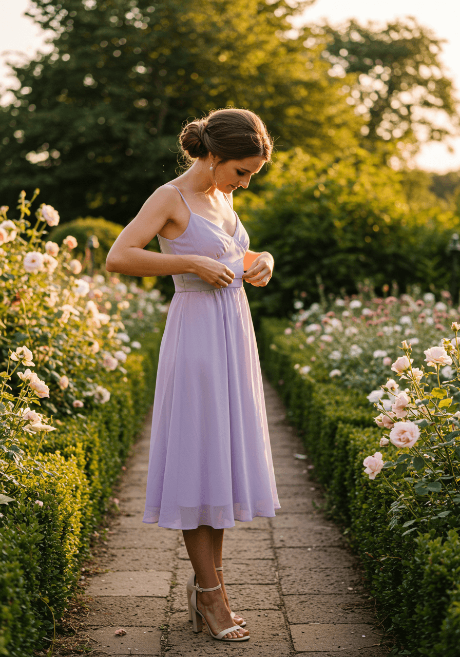 Female wedding guest adjusting lavender midi dress beside sunlit garden pathway at outdoor summer venue during golden hour