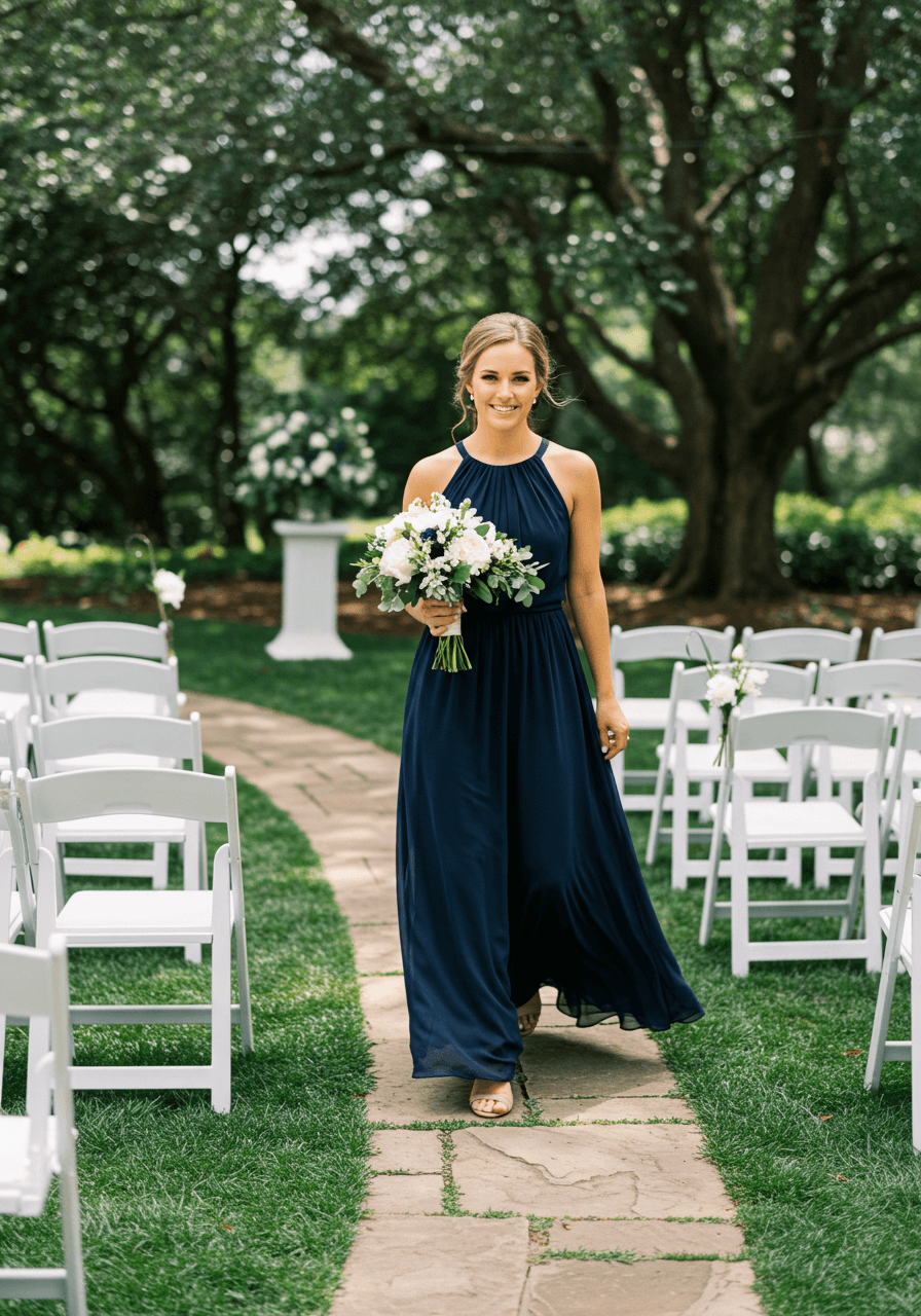 Wedding guest in navy blue sleeveless maxi dress walking stone pathway towards white ceremony chairs on manicured lawn in bright daylight