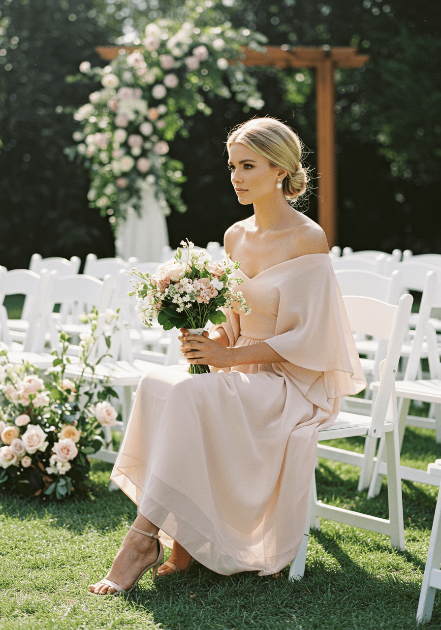 Wedding guest in blush off-shoulder dress seated at garden ceremony with white chairs and floral arrangements