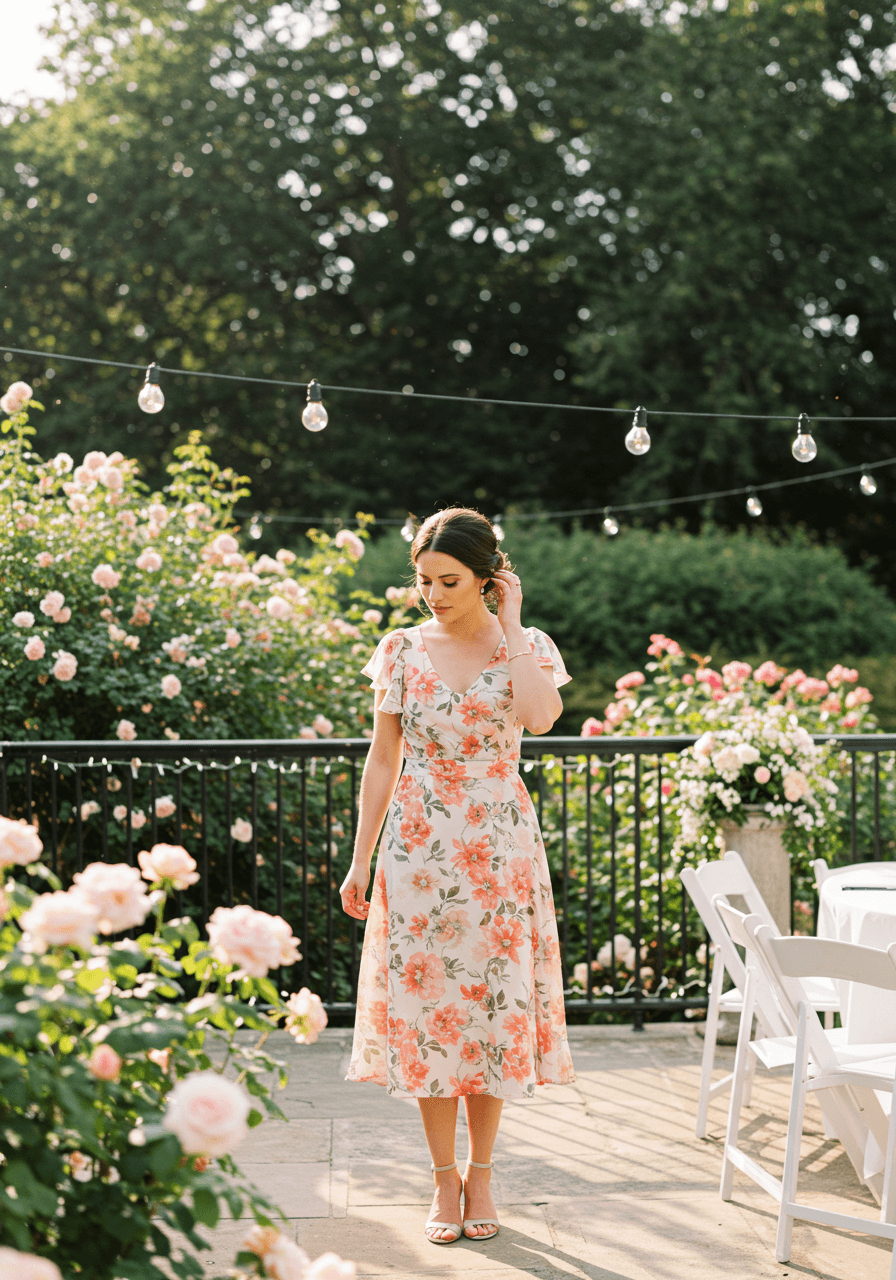 Woman adjusting hair while wearing floral cocktail dress on garden terrace with white chairs and string lights behind