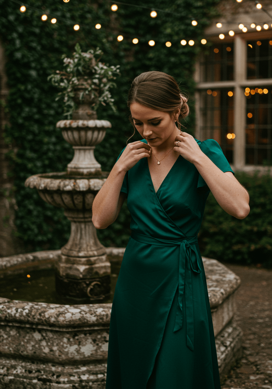 Woman adjusting delicate gold necklace while wearing emerald green silk wrap dress at outdoor wedding venue during blue hour