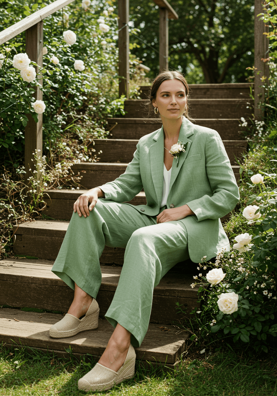 Wedding guest in sage green linen blazer and wide-leg trousers sitting casually on rustic wooden steps at garden venue in daylight