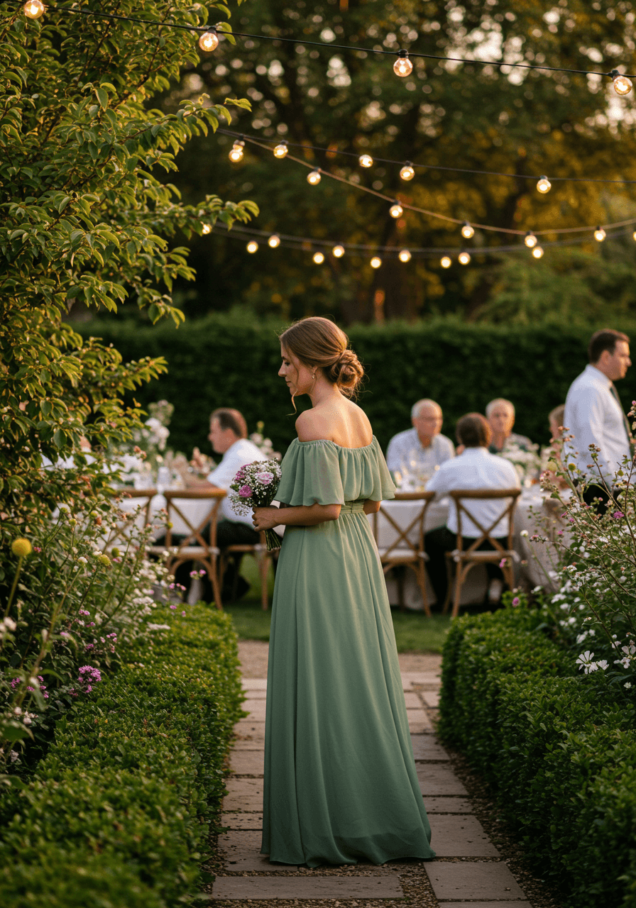 Wedding guest in sage green off-shoulder maxi dress pausing among garden florals during golden hour