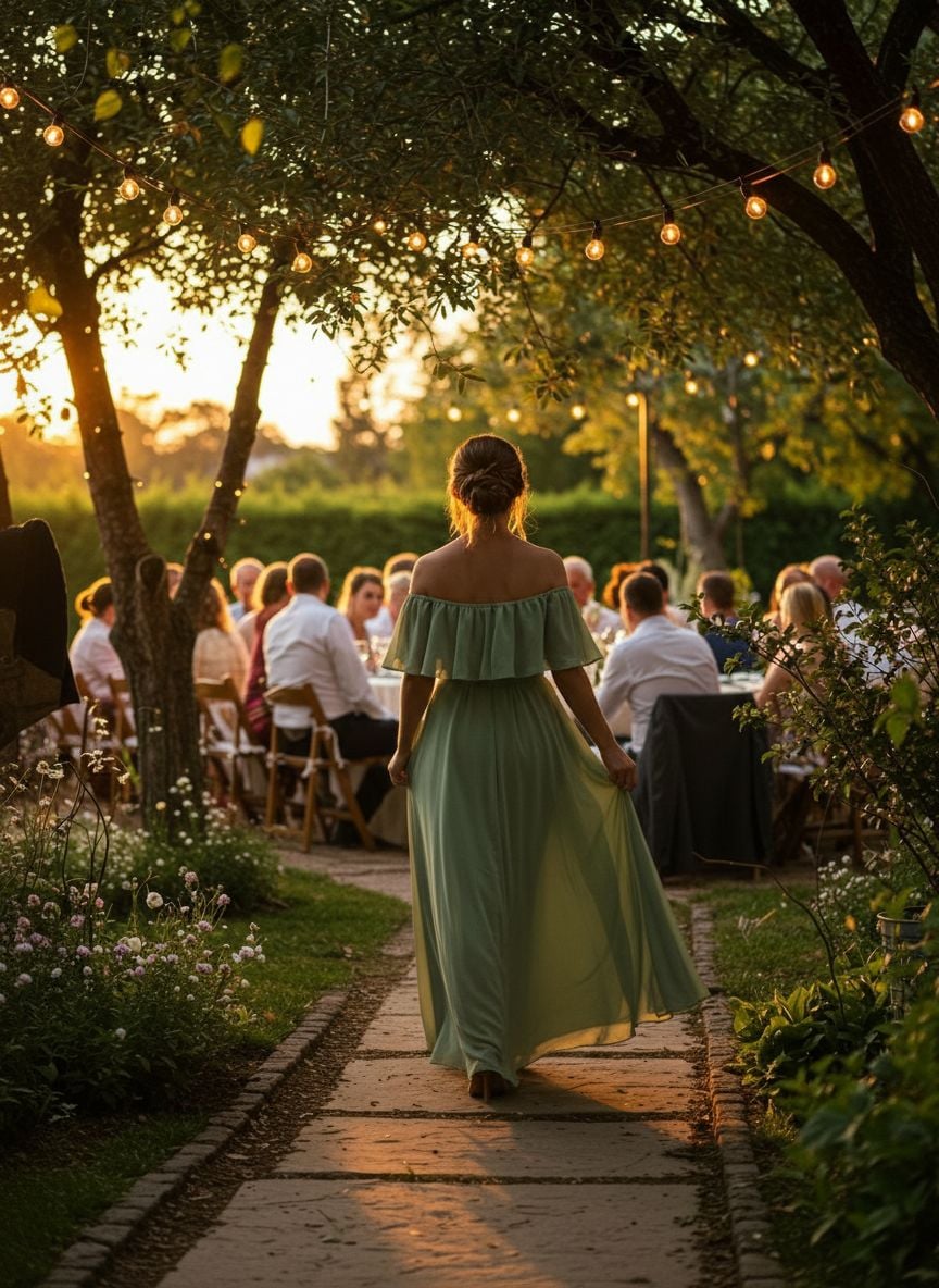 Woman in flowing sage green off-shoulder maxi dress with ruffled sleeves walking along garden path at outdoor summer wedding reception during sunset