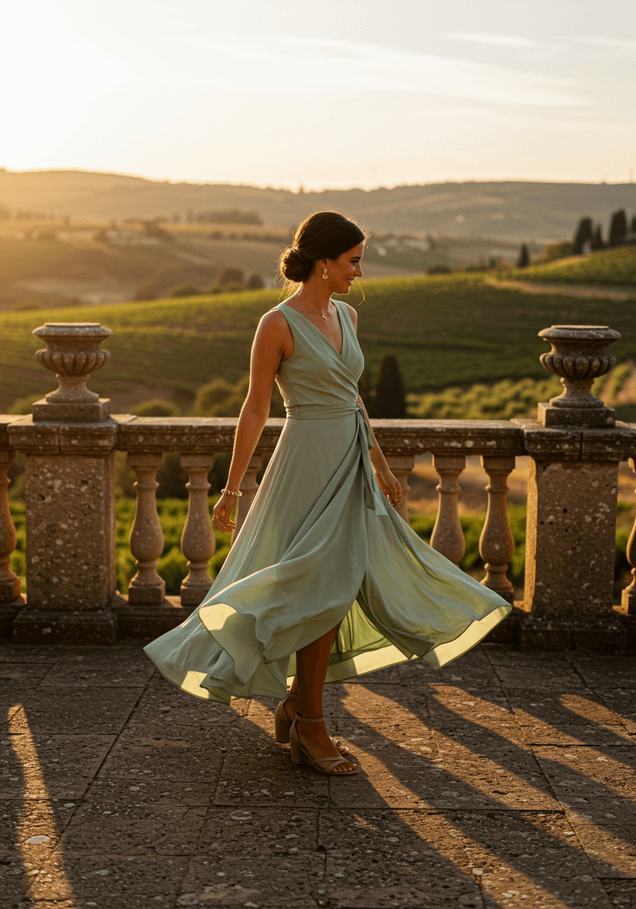 Wedding guest in sage green wrap midi dress twirling on stone terrace overlooking vineyard hills at sunset