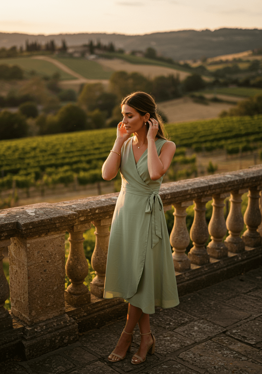 Woman in sage green midi dress adjusting hair on vineyard terrace at golden hour