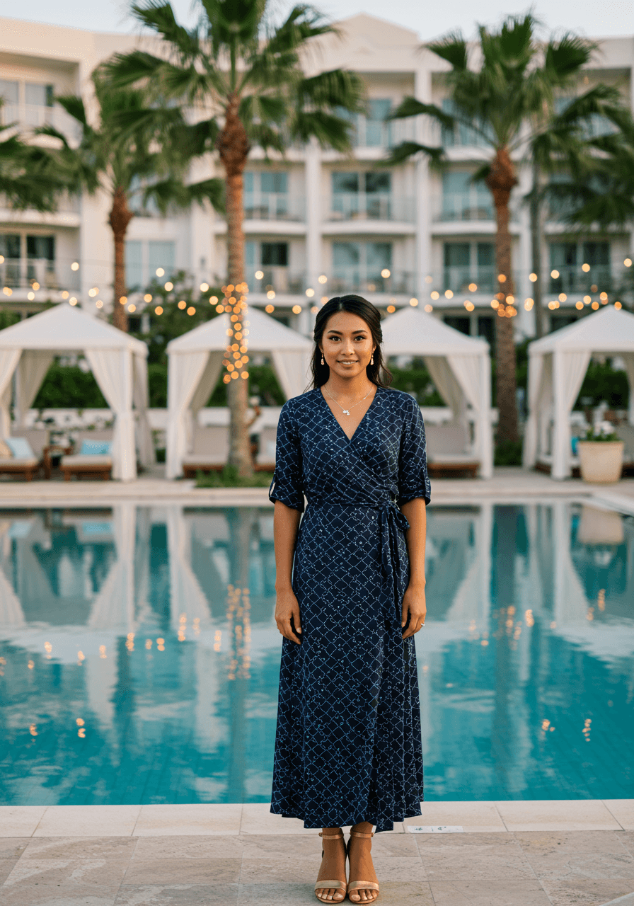 Stylish wedding guest in navy blue wrap dress with geometric patterns posing beside resort pool with palm trees during golden hour