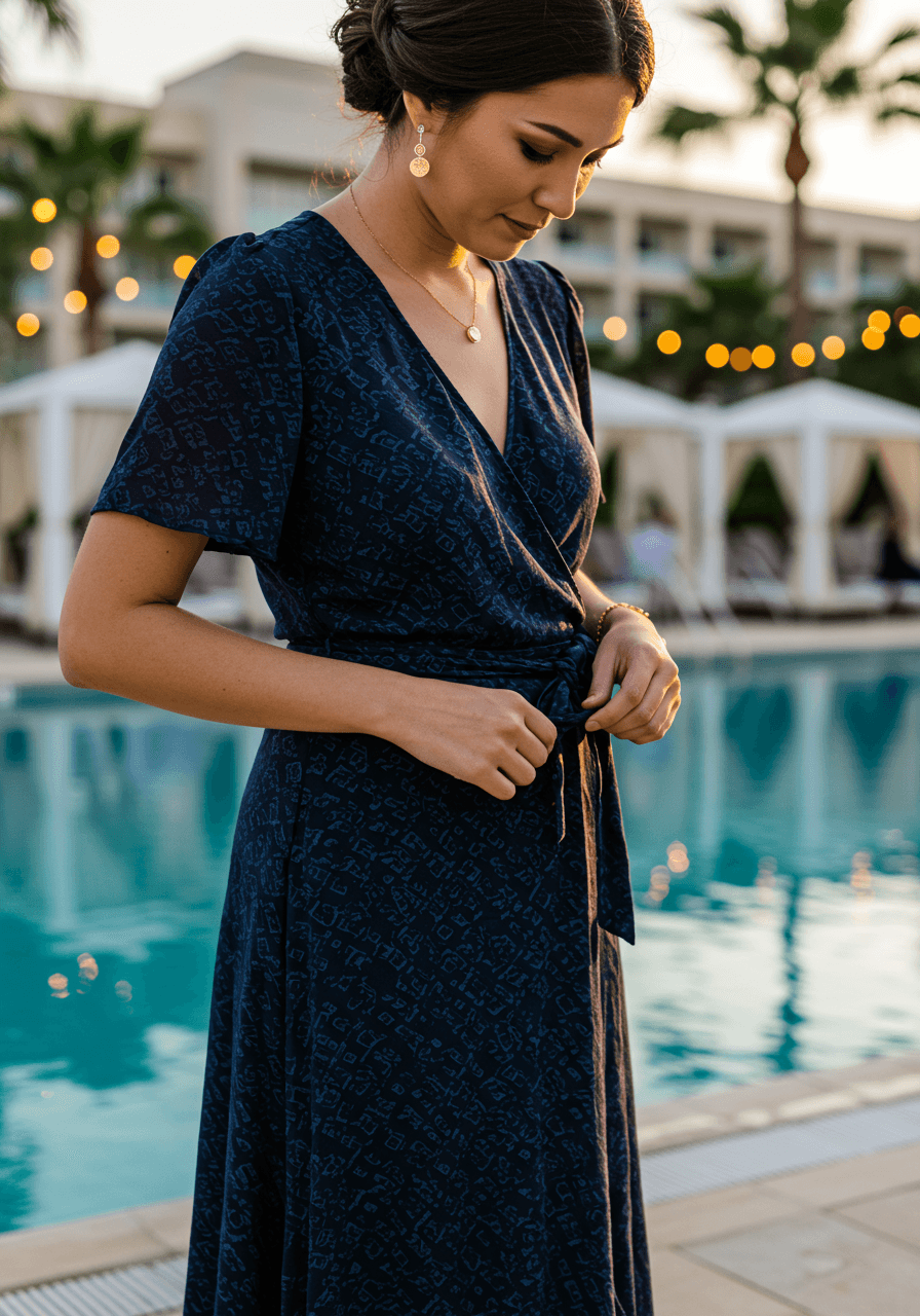 Woman adjusting tie waist of navy geometric wrap dress while standing poolside at resort wedding venue at sunset