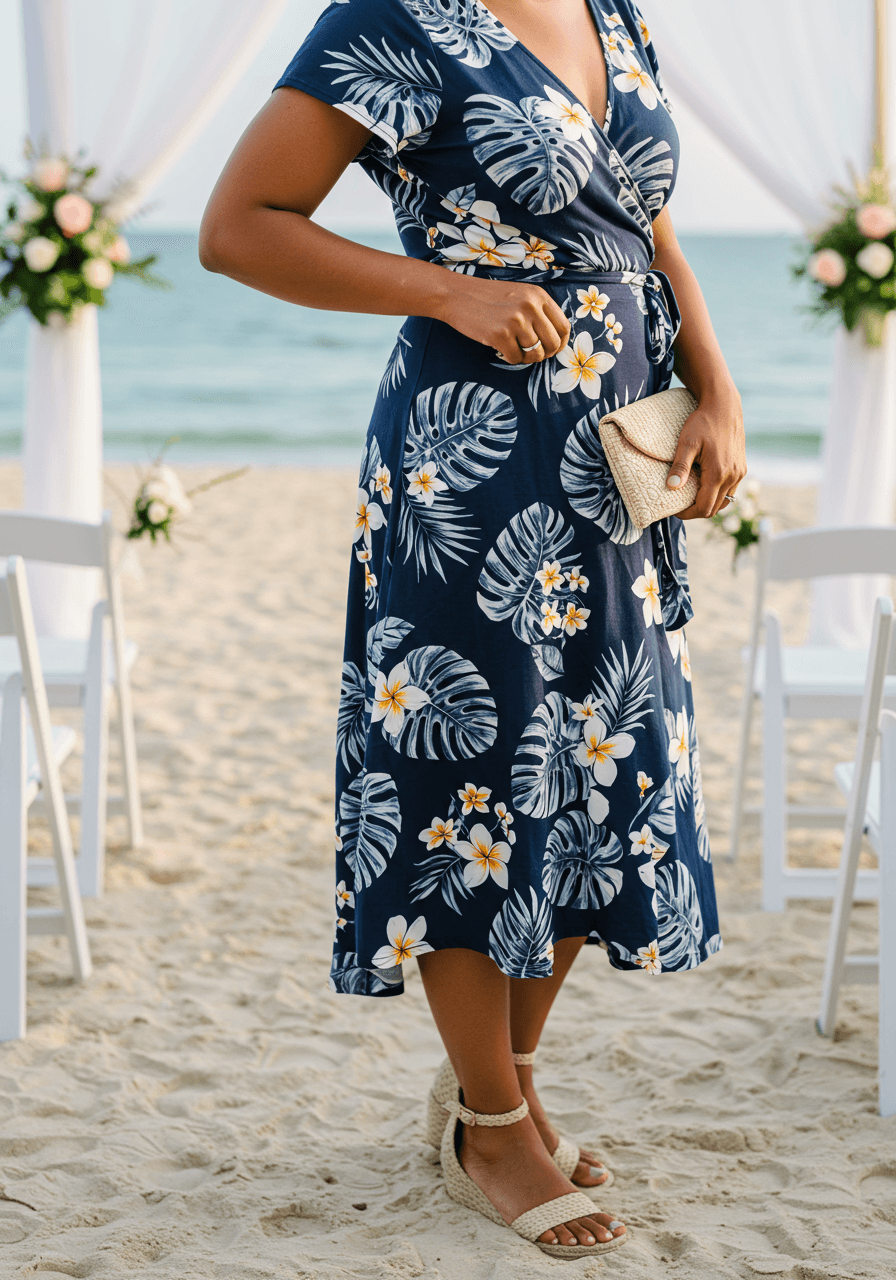 Wedding guest adjusting navy tropical print wrap dress near beach ceremony setup during soft morning light