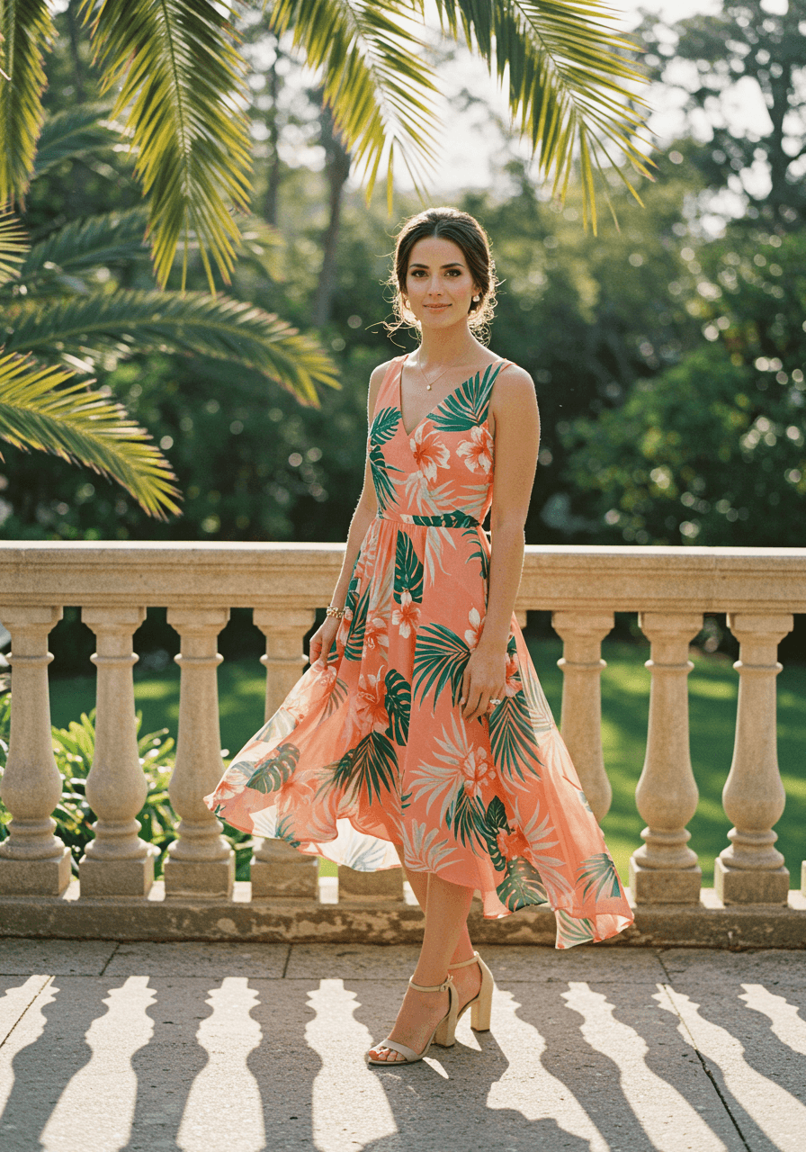 Stylish wedding guest in vibrant tropical print midi dress with coral hibiscus and emerald palm leaves on sun-drenched terrace during golden hour