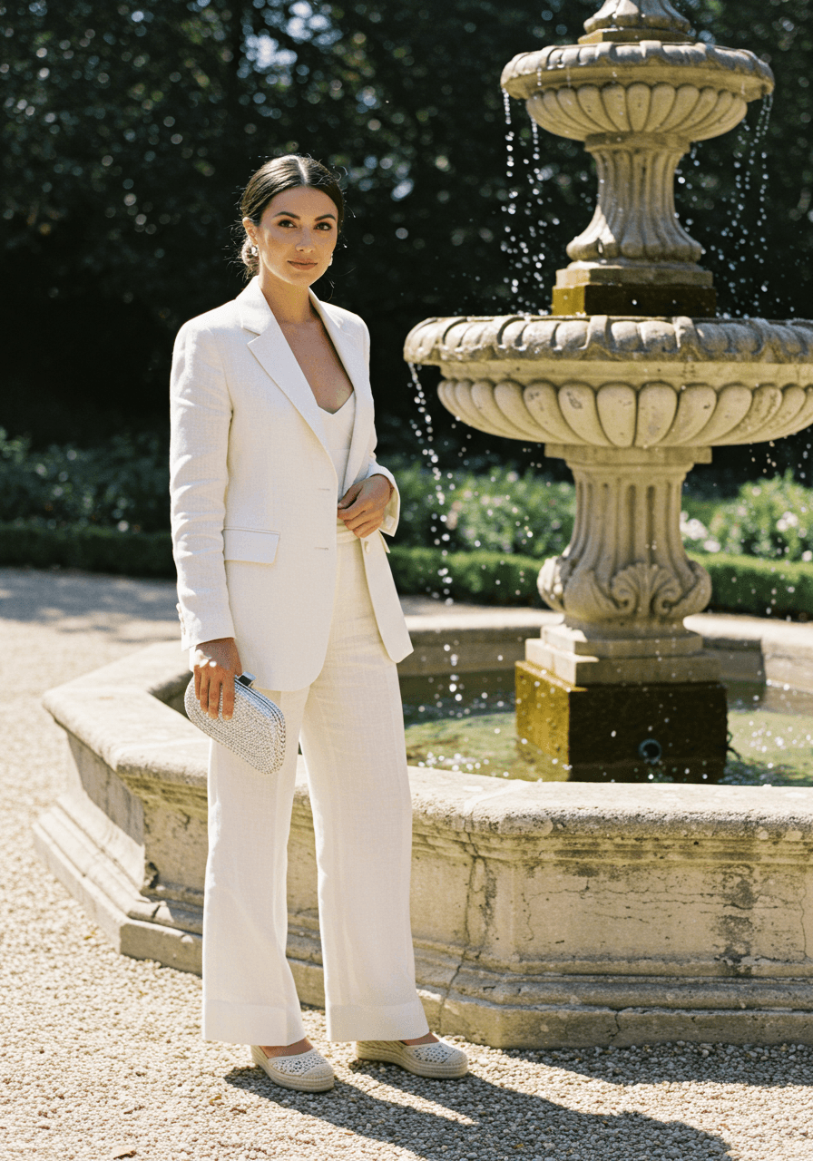 Well-dressed wedding guest in white linen blazer and wide-leg trousers beside elegant garden fountain in bright midday sunshine