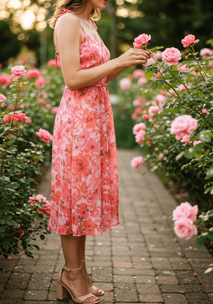Close-up of woman adjusting dress strap while wearing coral floral print midi dress surrounded by pink garden roses