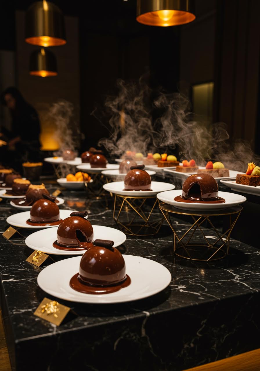 Elegant chocolate lava cake station with individual cakes on black marble counter with flowing molten chocolate centres