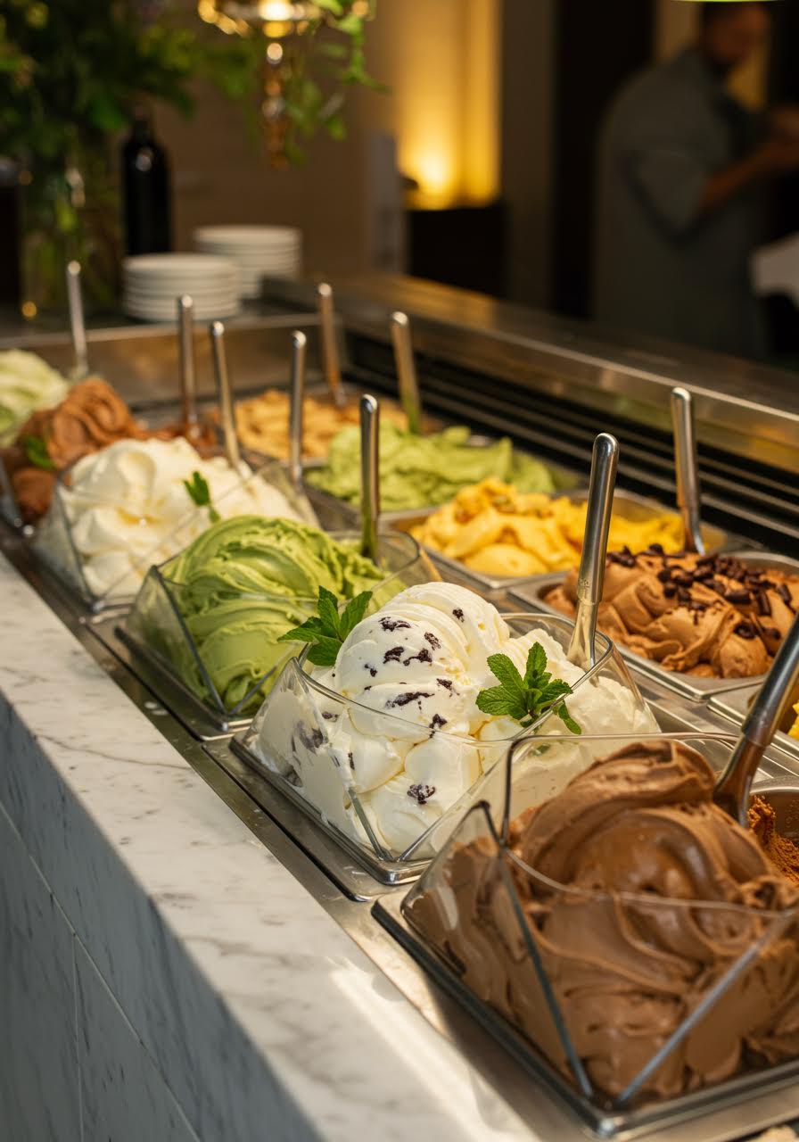 Elegant gelato bar display with artisanal Italian gelato in geometric glass containers on white marble counter during golden hour