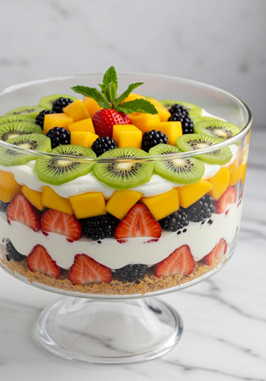 Glass trifle bowl with meticulously layered seasonal fruits including strawberries, blackberries, kiwi, and mango with cream layers