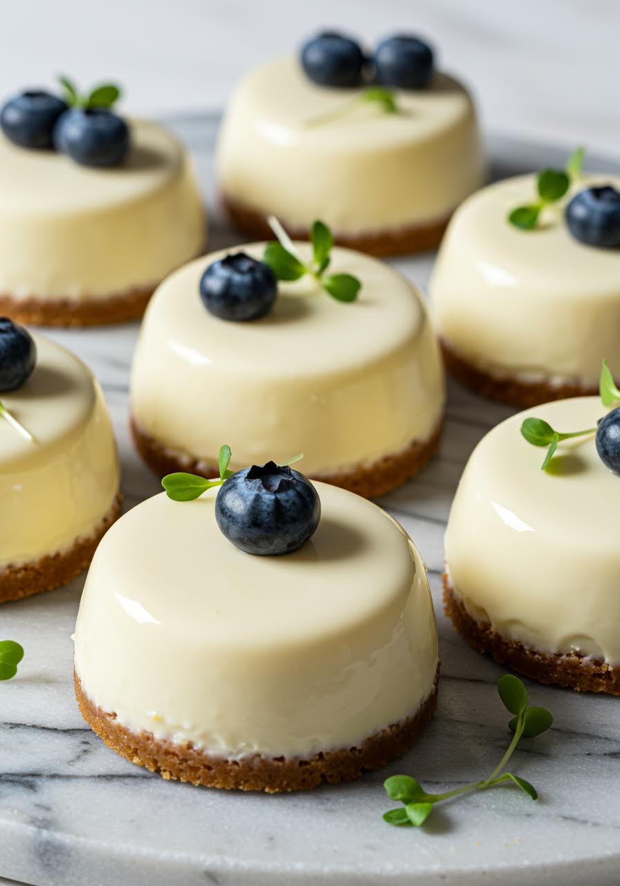 Six perfectly round mini cheesecakes with mirror-smooth white chocolate glazes topped with fresh blueberries on marble platter