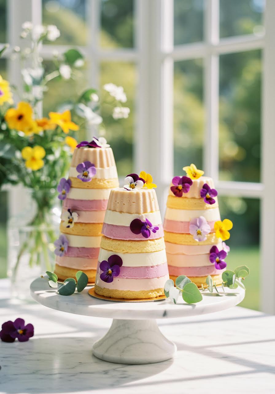Three elegant panna cotta towers with ivory and blush layers decorated with cascading edible flowers on marble pedestal