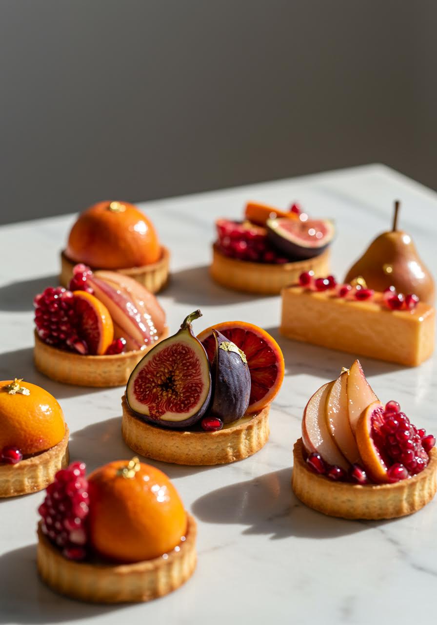 Elegant fruit tart arrangement with geometric shells filled with fresh figs, pomegranate seeds, and blood oranges on white marble