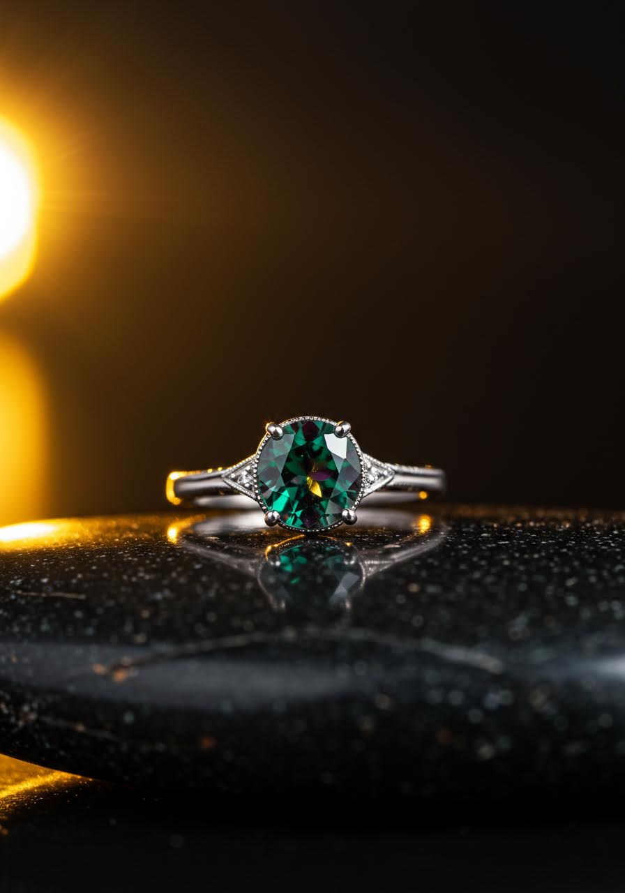 Stunning alexandrite engagement ring showcasing its famous colour-changing properties from emerald green to deep purple on dramatic black obsidian