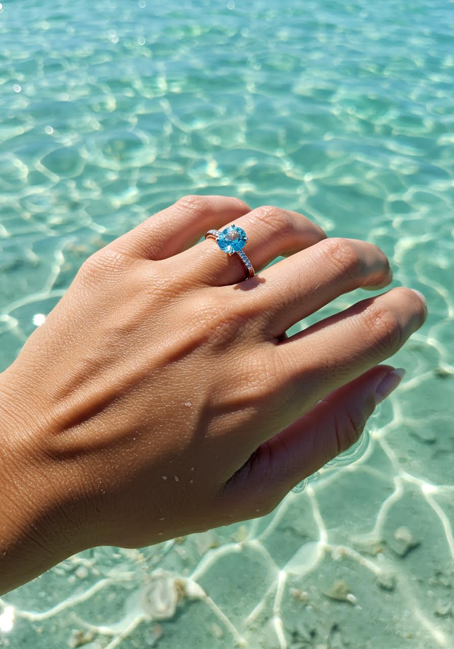Hand wearing brilliant aquamarine engagement ring above crystal-clear ocean water
