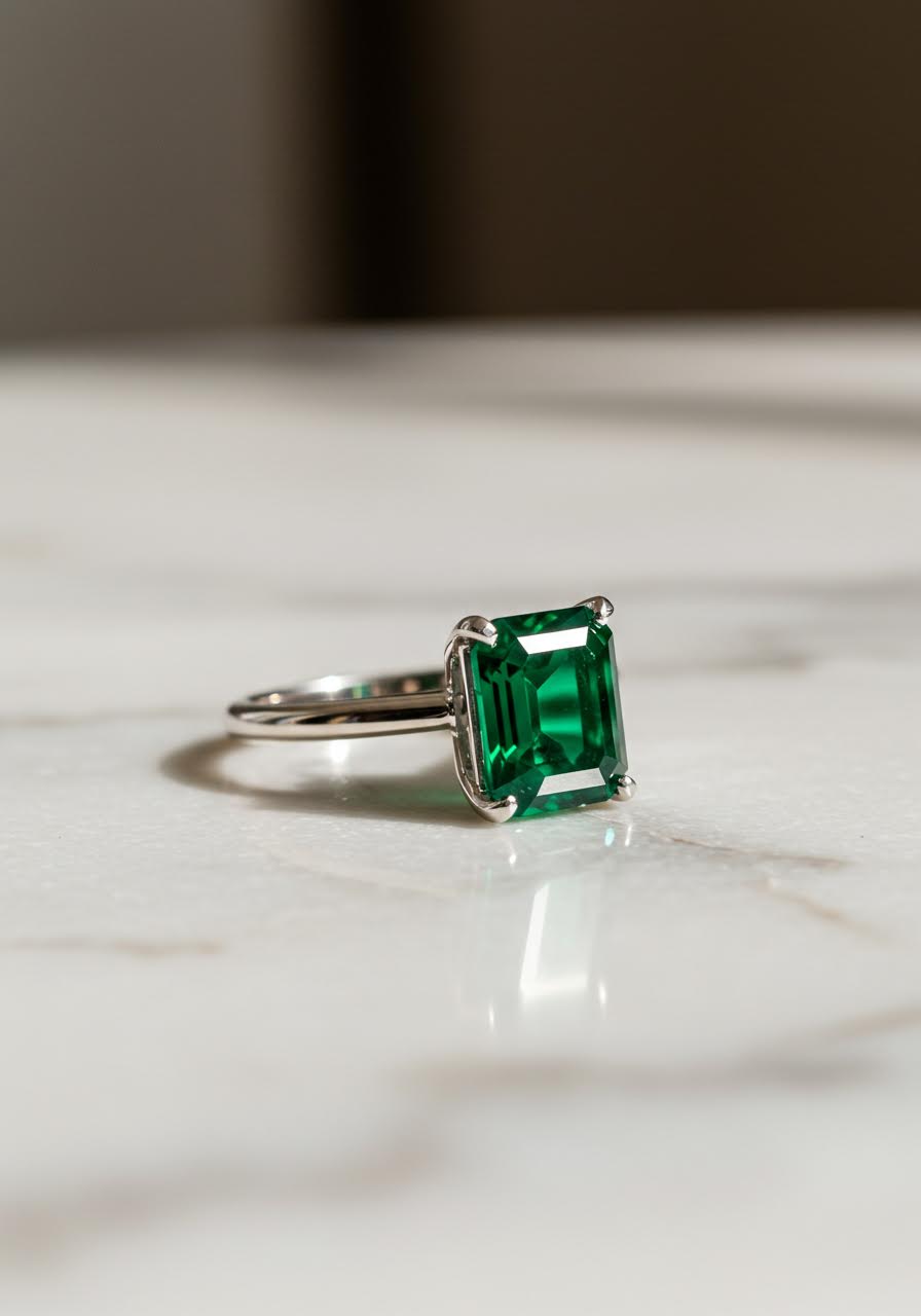 Sophisticated emerald cut emerald engagement ring displayed on elegant white marble with perfect lighting