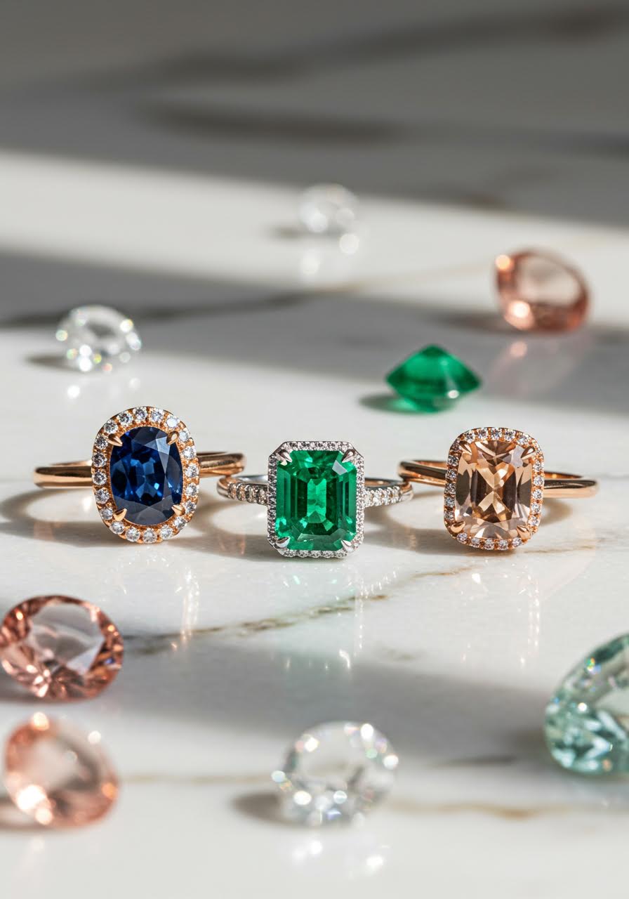 Curated collection of three alternative gemstone engagement rings featuring sapphire, emerald, and morganite on marble with loose stones