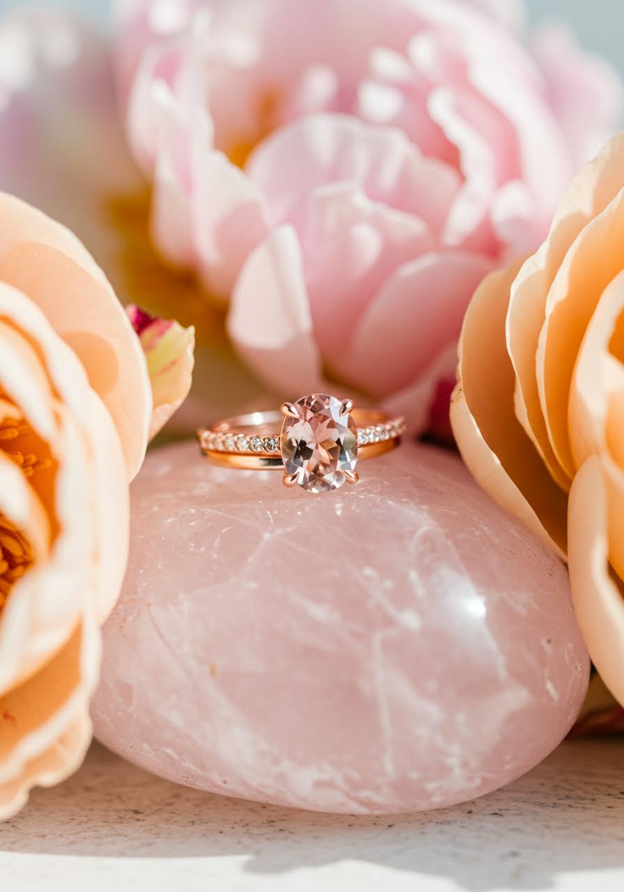 Delicate morganite engagement ring in warm rose gold setting surrounded by soft pink peonies