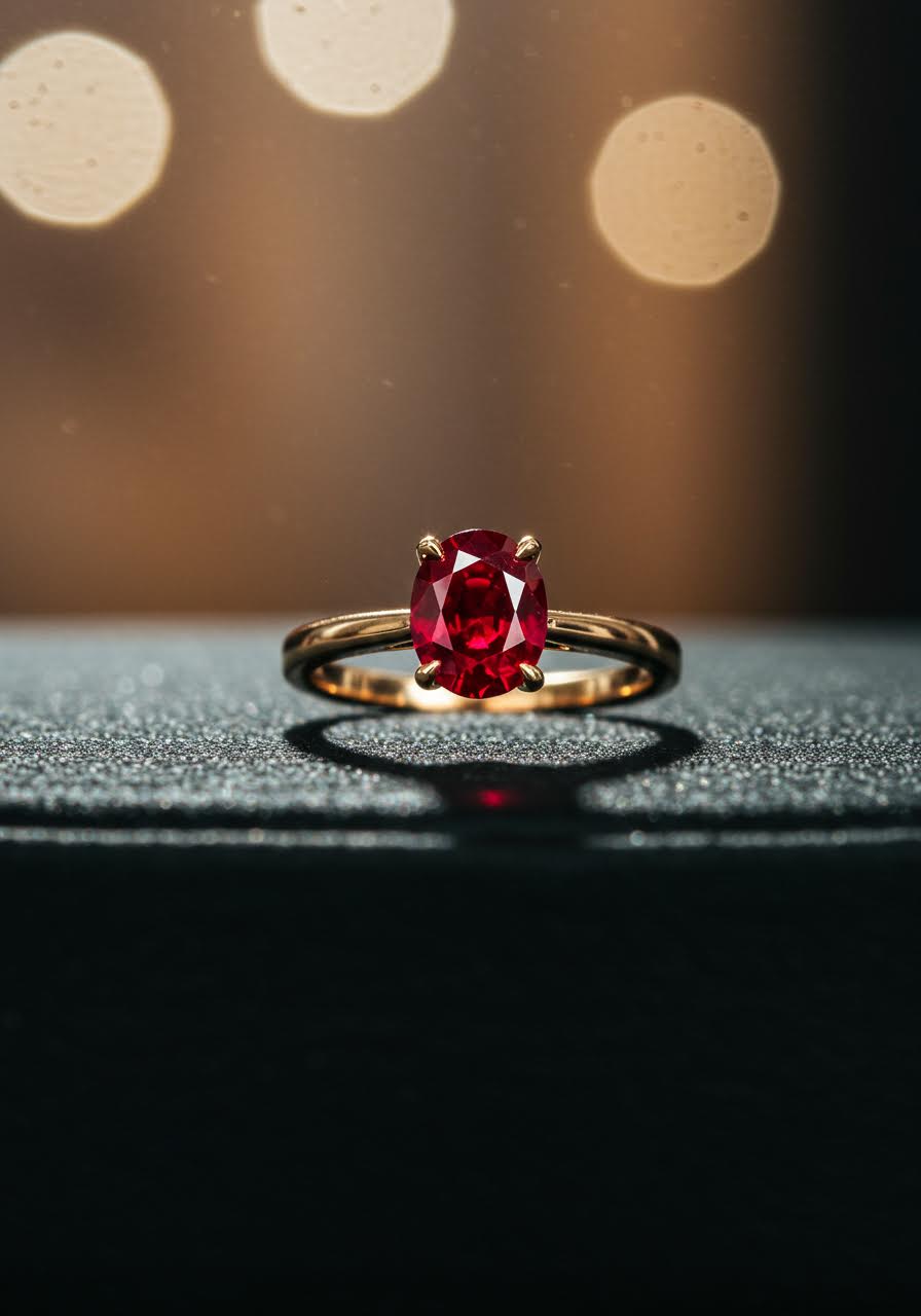 Breathtaking ruby solitaire engagement ring with intense crimson colour displayed on luxurious black velvet