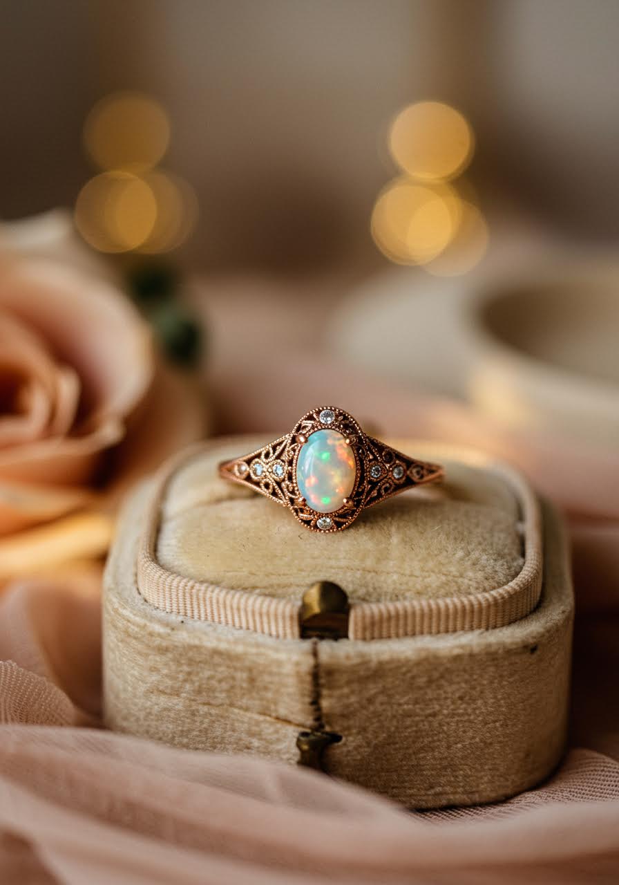 Close-up of opal's dancing rainbow colours in Art Deco style setting with milgrain details