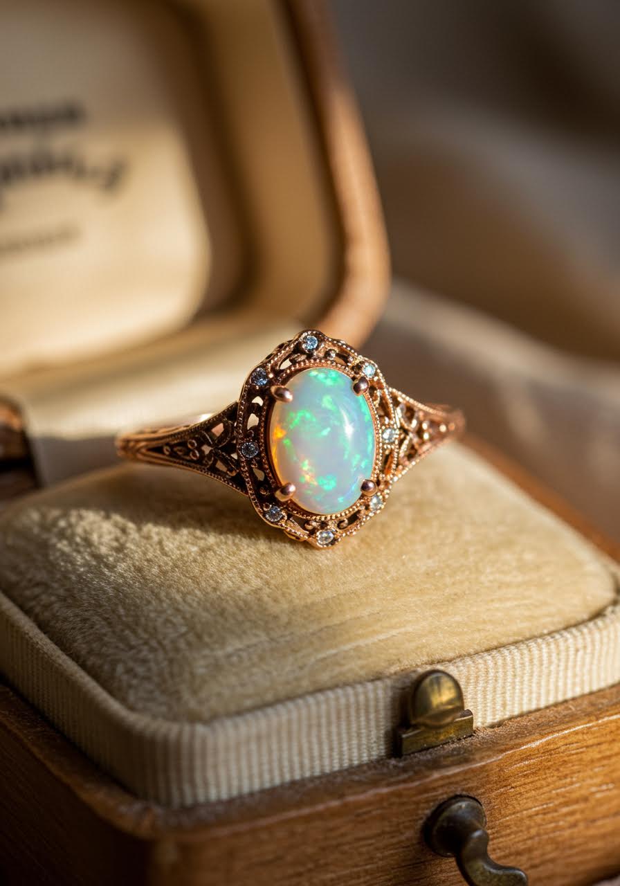 Vintage-inspired opal engagement ring with intricate filigree showing incredible colour play