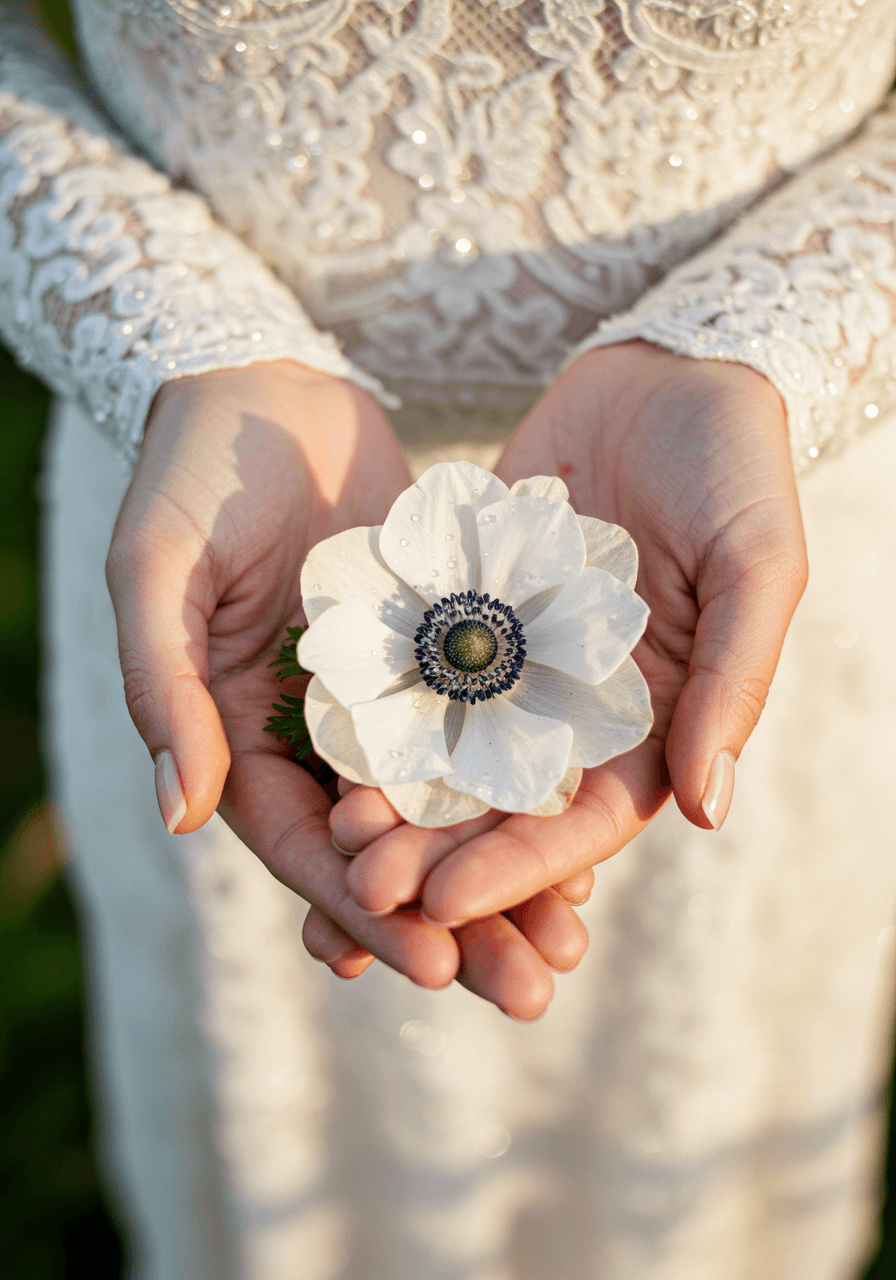 Bride's hands holding delicate white anemone with papery petals in garden setting