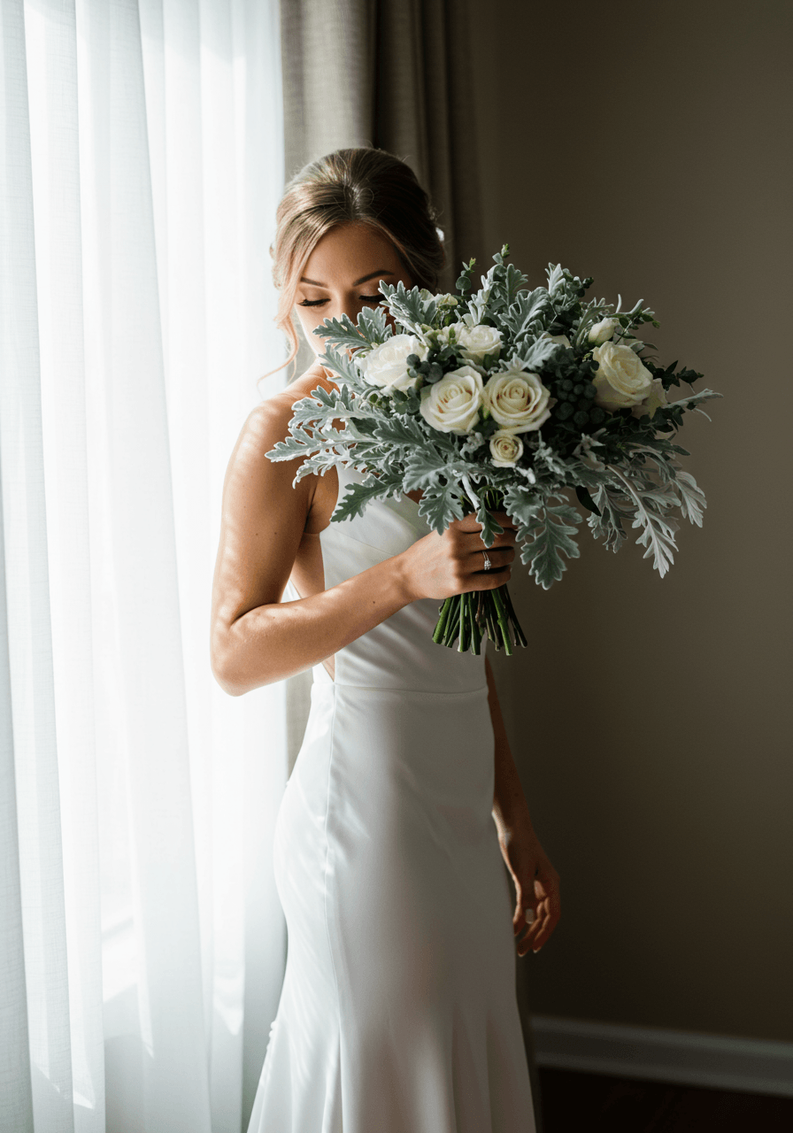 Bride gracefully lifting dusty miller and white rose bouquet with flowing silk sleeves